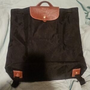 Longchamp Black Nylon Brown Leather Travel Backpack
